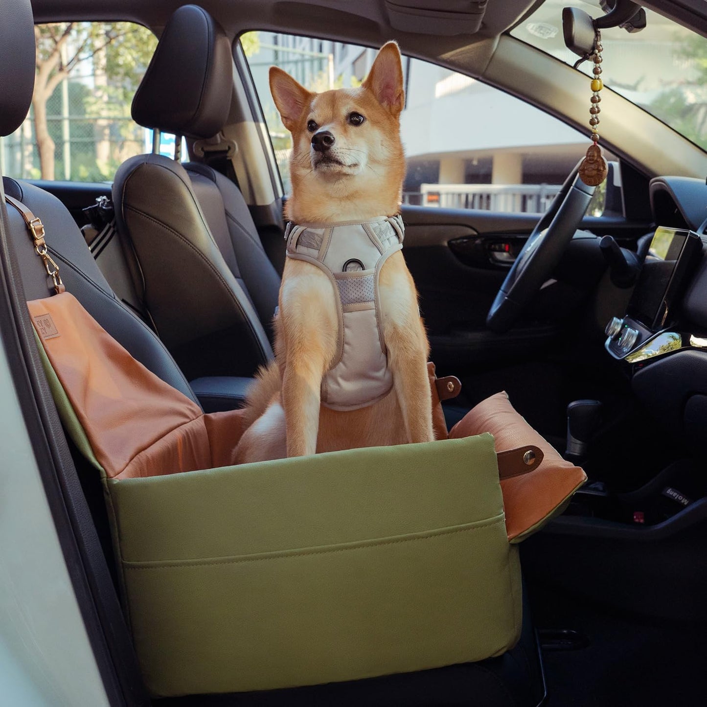 FUNNYFUZZY Dog Car Seat for Small Dogs, Waterproof Dog Booster Car Seats, Faux Leather Pet Vehicle Seat Travel Bed with Thick Cushion, Carseat for Dogs, Orange Green