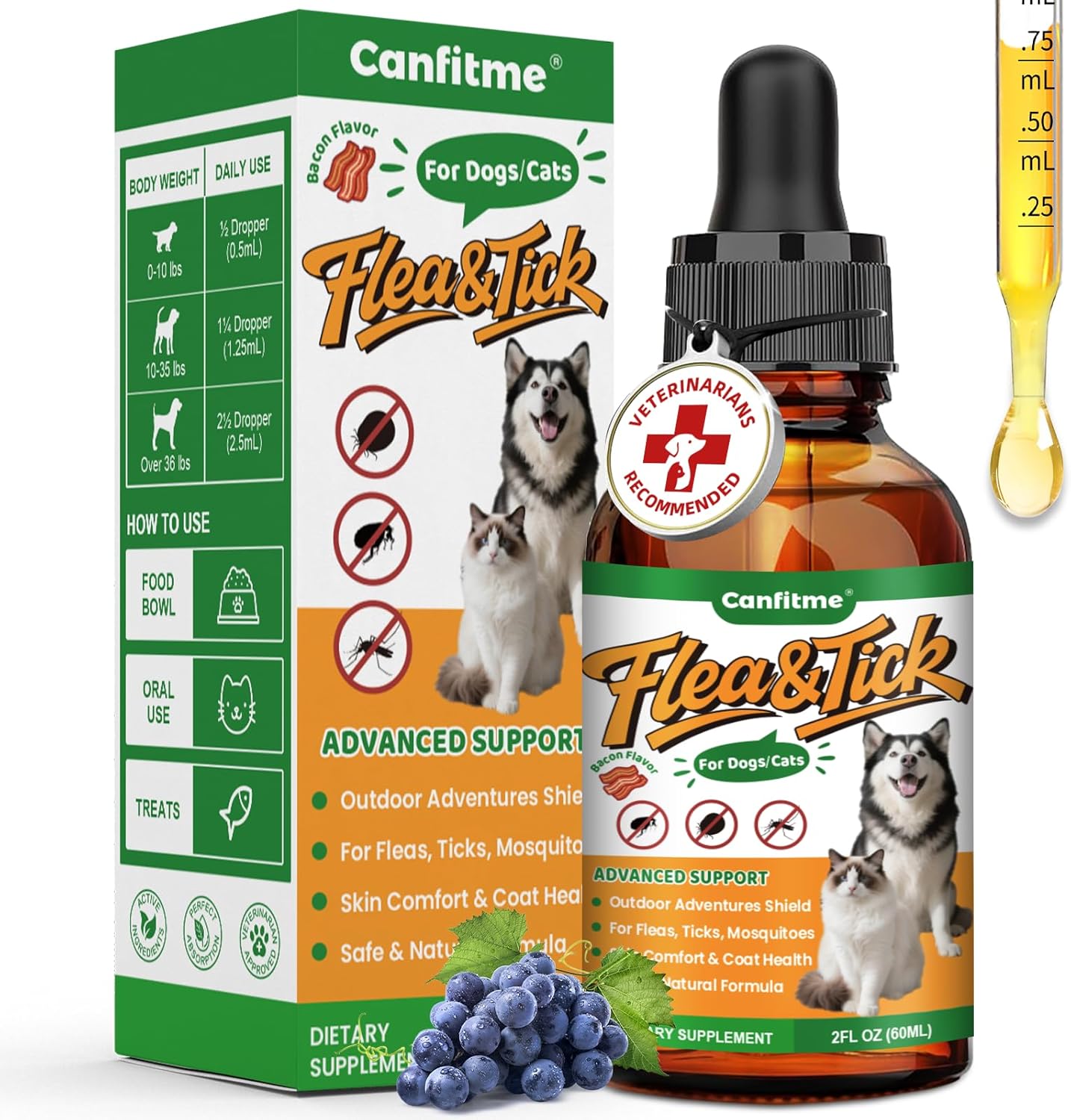 Natural Oral Flea and Tick Prevention for Dogs and Cats, Bacon Flavor Liquid Drops with Multivitamin-Flea and Tick Treatment and Defense Supplement for Pets of All Breeds and Ages