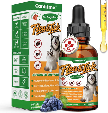 Natural Oral Flea and Tick Prevention for Dogs and Cats, Bacon Flavor Liquid Drops with Multivitamin-Flea and Tick Treatment and Defense Supplement for Pets of All Breeds and Ages