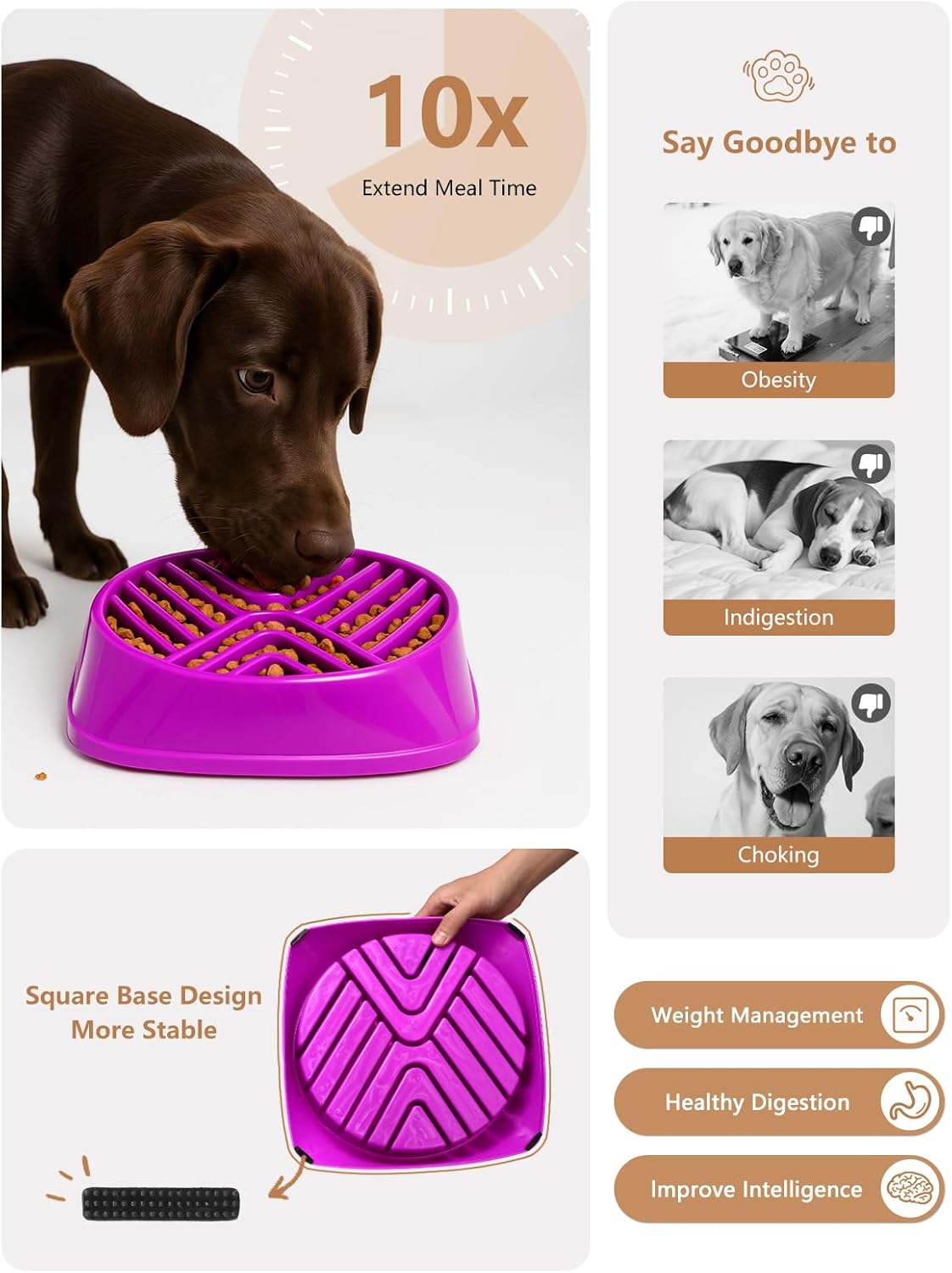 KASBAH Slow Feeder Dog Bowls Large Breed, Holds 5 Cups Wet or Dry Food for Large and Medium Dogs,Puzzle Maze for Fast Eaters,Square Base,Non-Slip, Made Without BPA,Helps Prevent Bloat & Aid Digestion