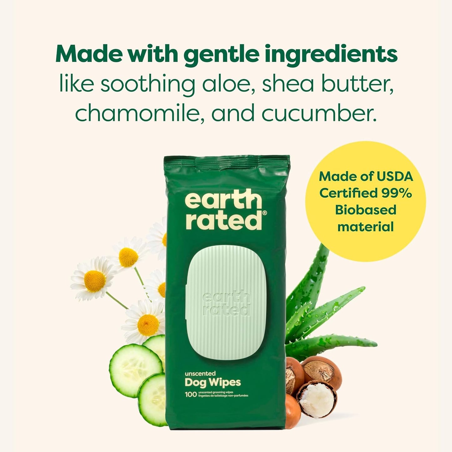 Earth Rated Pet Wipes for Dogs and Cats, Hypoallergenic, Cleaning and Hydrating, for Grooming Paws, Body and Butt, Unscented, 100 Count