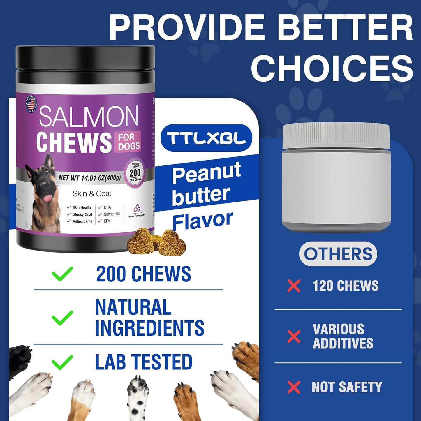 Omega 3 Skin and Coat Supplement for Dogs 200 Chews Dog Fish Oil Supplements with EPA & DHA Fatty Acids Dry Skin Relief for Dogs Shedding Allergy Itching Promotes Heart Hip Joint(Peanut Butter)