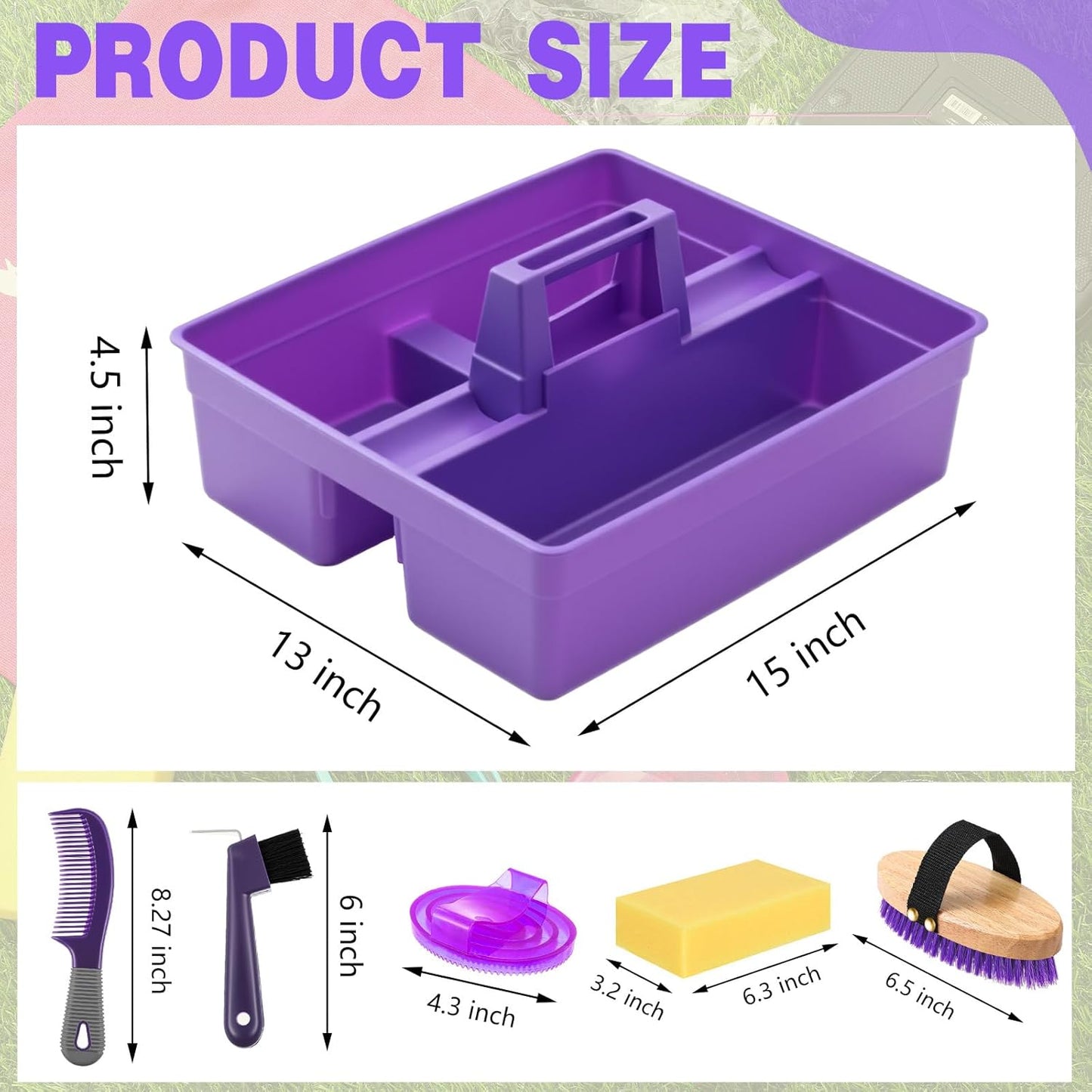 Abbylike 6 Pieces Horse Grooming Tote Kit Plastic Storage Grooming Bag for Horses Durable Tote Tack Box Organizer with Handle Horse Brush Sets Cleaning Caddy Supplies (Purple)