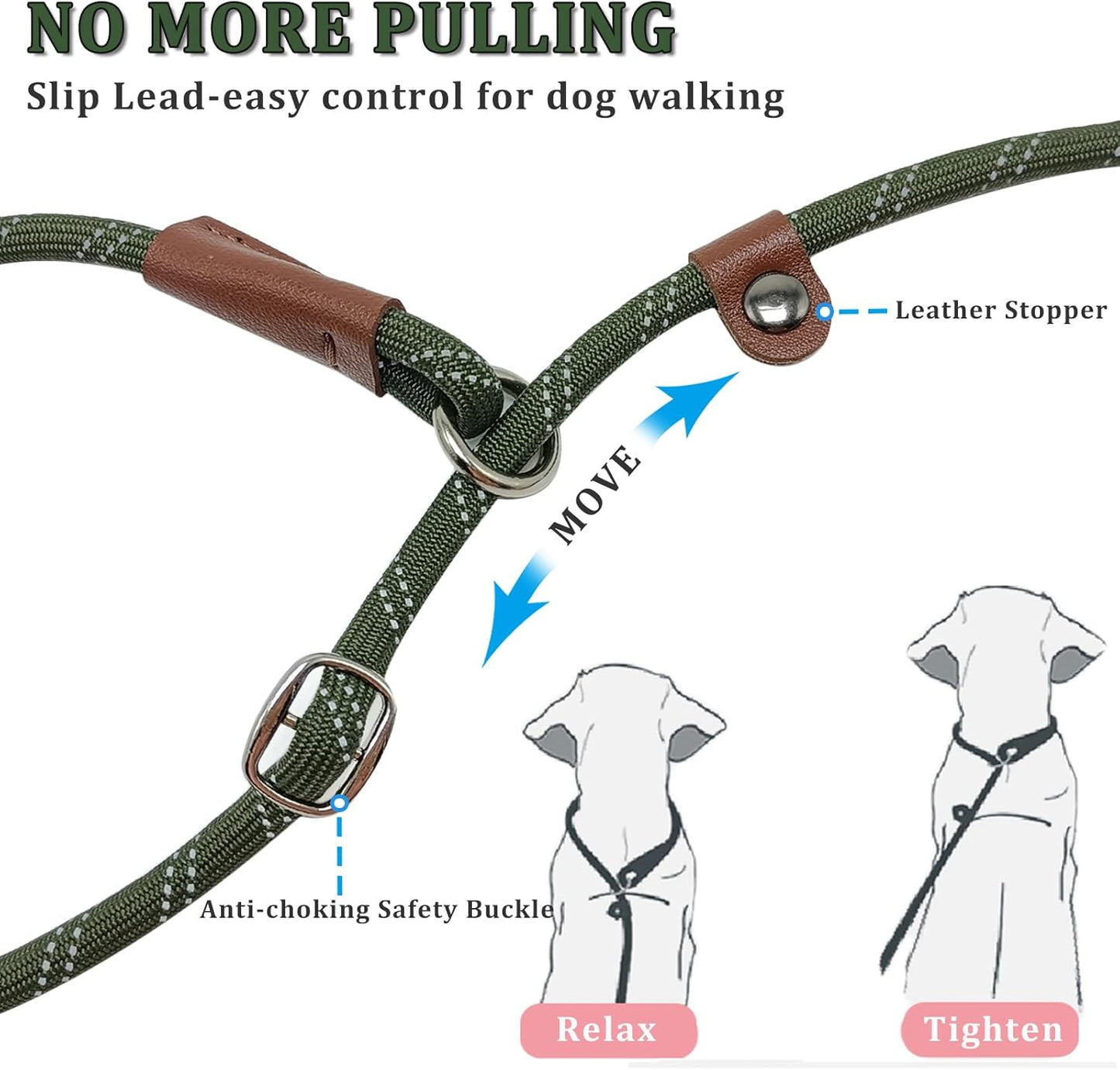 WYuZe 8 FT Slip Leash for Dogs Training (Black+Blue+Olive)