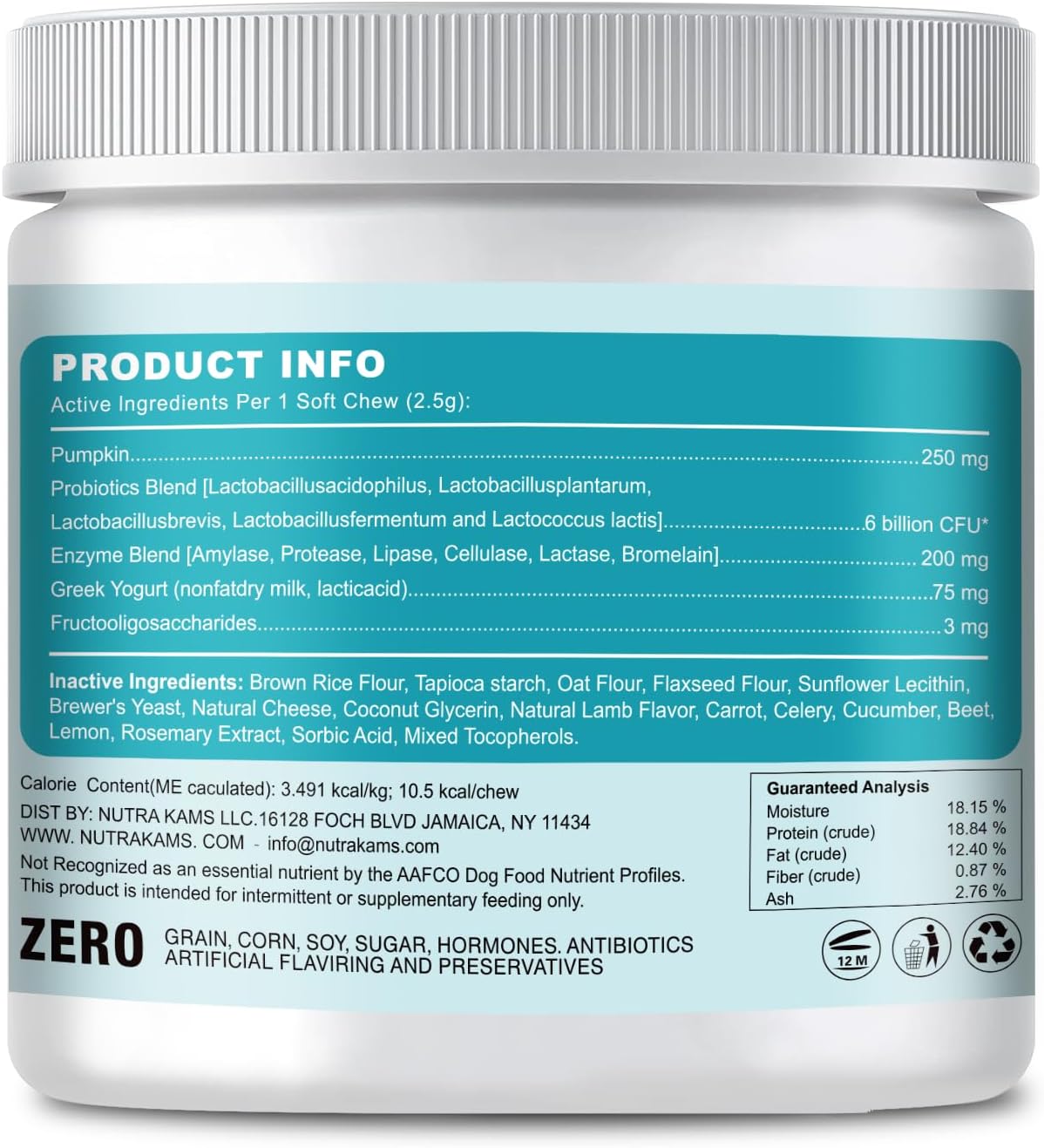 Probiotic Chews for Dogs, Natural Gut Health Support, 120 Soft Chews, Lamb Flavor, 300g