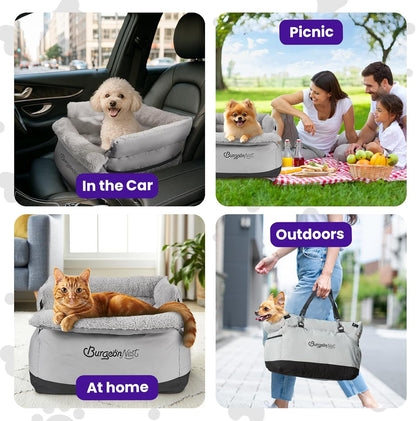 BurgeonNest Dog Car Seat for Small Dogs, Fully Detachable and Washable Cat Carseats Under 25 lbs, Soft Pet Booster Seats with Storage Pockets and Clip-On Leash Portable Car Travel Carrier Bed, Grey