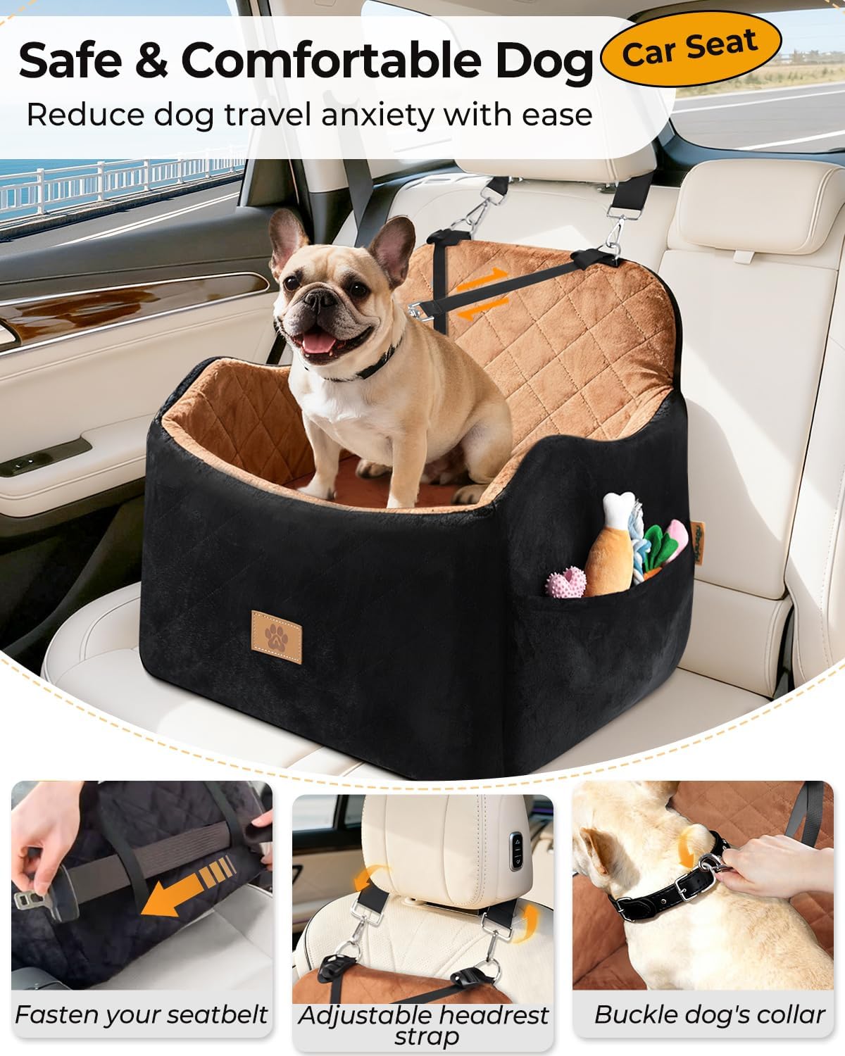 Dog Car Seat for Small/Medium Dogs, Detachable Washable Dog Booster Seat Under 35lbs, High-Support Memory Foam,Travel Bed with Storage Pockets