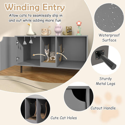 HOMGX Cat Litter Box Enclosure, 40” Hidden Cat Washroom Furniture w/Storage, Removable Scratching Board, Metal Legs, Double-Room Indoor Wooden Kitten House End Side Table, Modern Pet Cabinet (Grey)