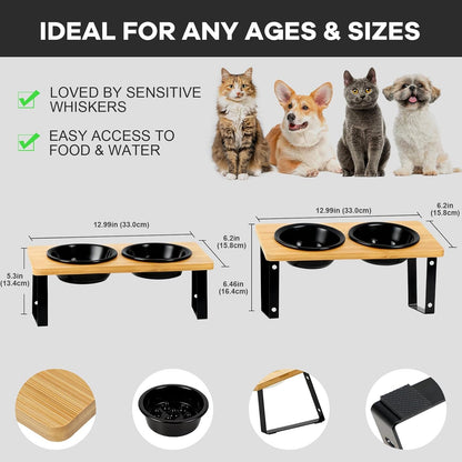 Upgraded Adjustable Height Cat Food Bowls Stand Ceramic Dog Bowls and Slow Feeder Cat Bowl, 15°Tilted Stand Anti Vomiting Raised for Small and Medium Sized Cats Dogs (Black (2 Bowl+Pet mat))