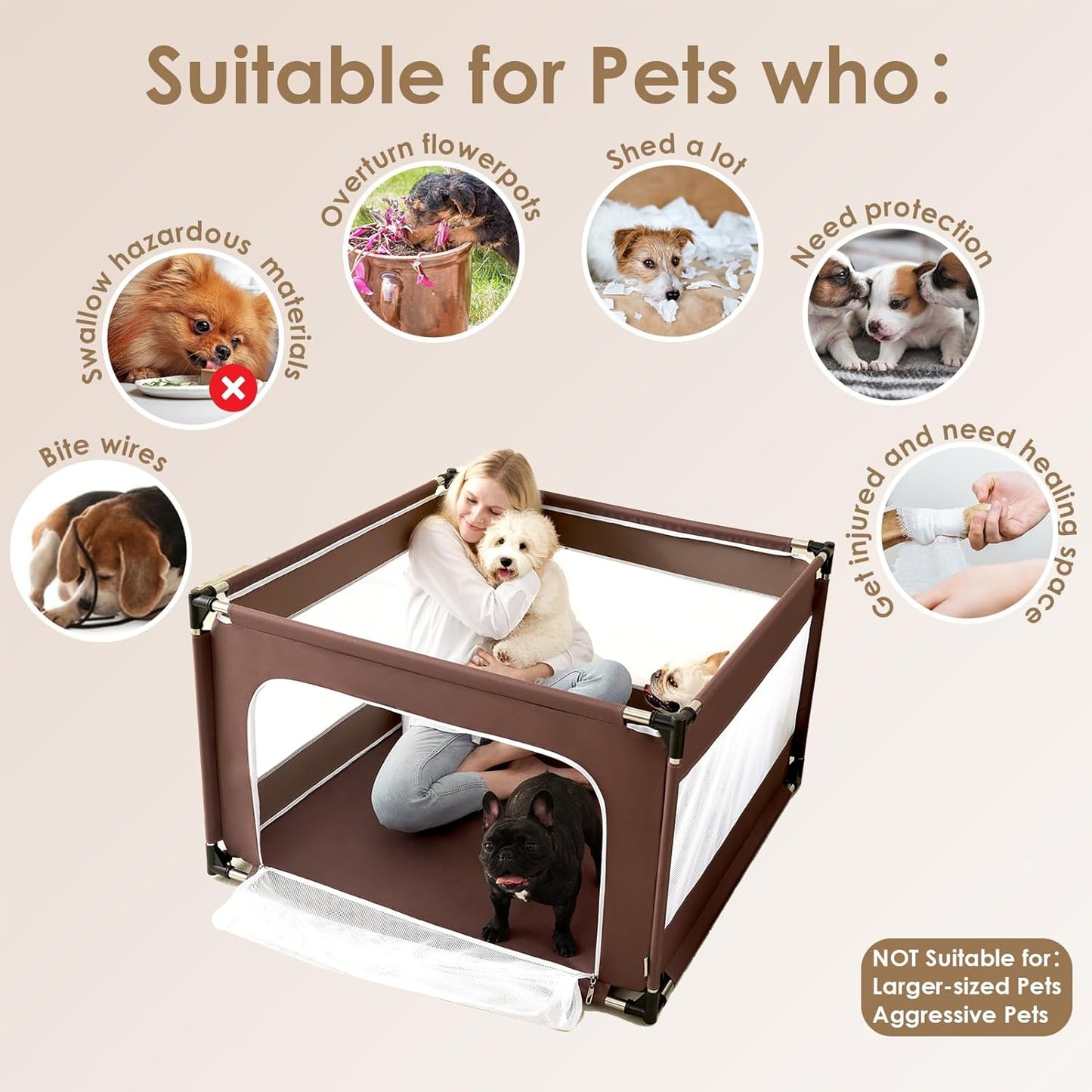 EHEYCIGA 42x42x26 Inches Puppy Playpen Without Top Cover for Dogs & Cats Indoor or Outdoor - Dog Playpen with Door, Dog Fence for Small Animal with Heavy-Duty Oxford & Steel Frame, Brown