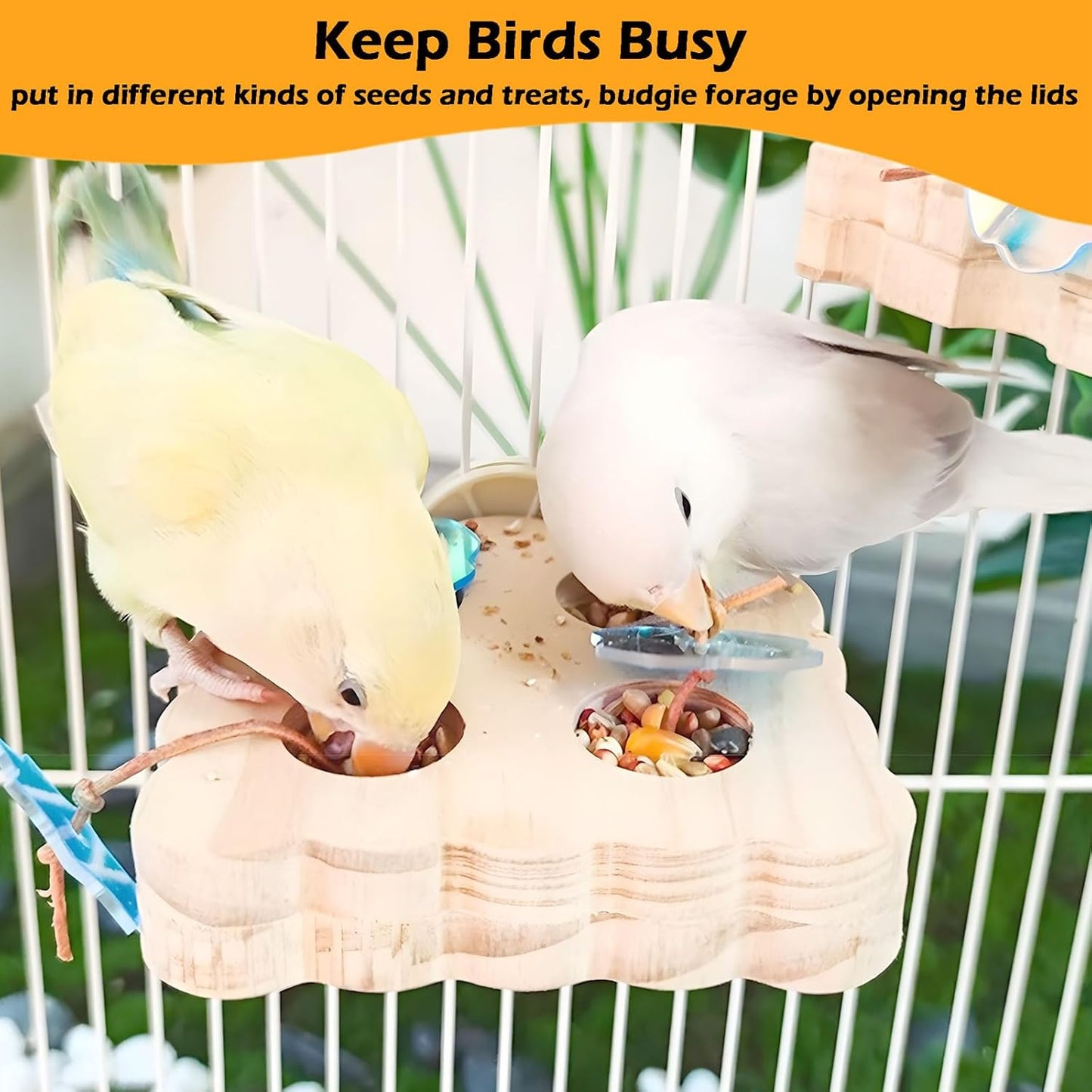 2pcs Bird Nest for Cage Swing, Chewproof Small Bird Bed Hanging House Hut & 2Pcs Wooden Small Bird Foraging Toys, Interactive Parakeet Foraging Toys for Cage, Bird Enrichment Toys