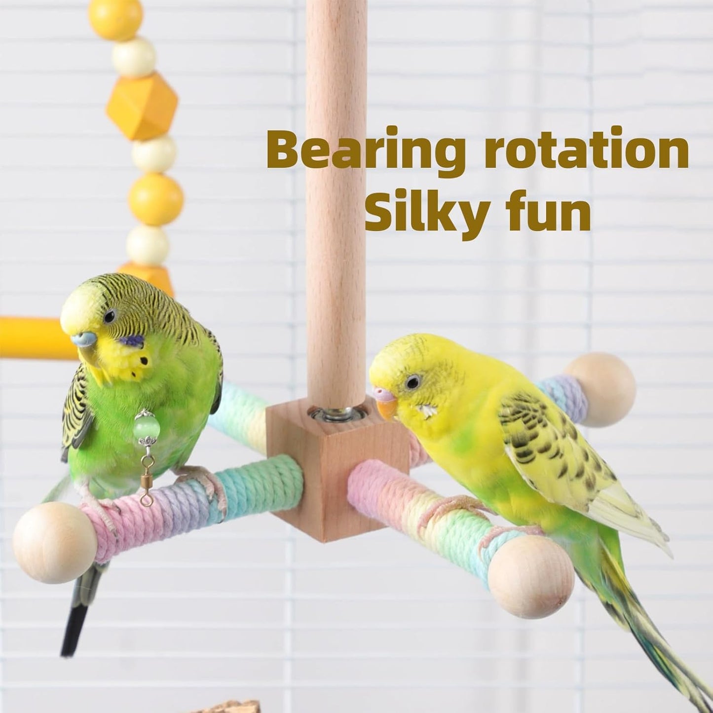 Bird Perch Toy, Interactive Spinning Parakeet Parrot Toys with Chew Toy,360° Silent Free-Spin,for Parrots, Parakeets, Cockatiels, Small to Medium Birds, with Poplar Swing (Round)