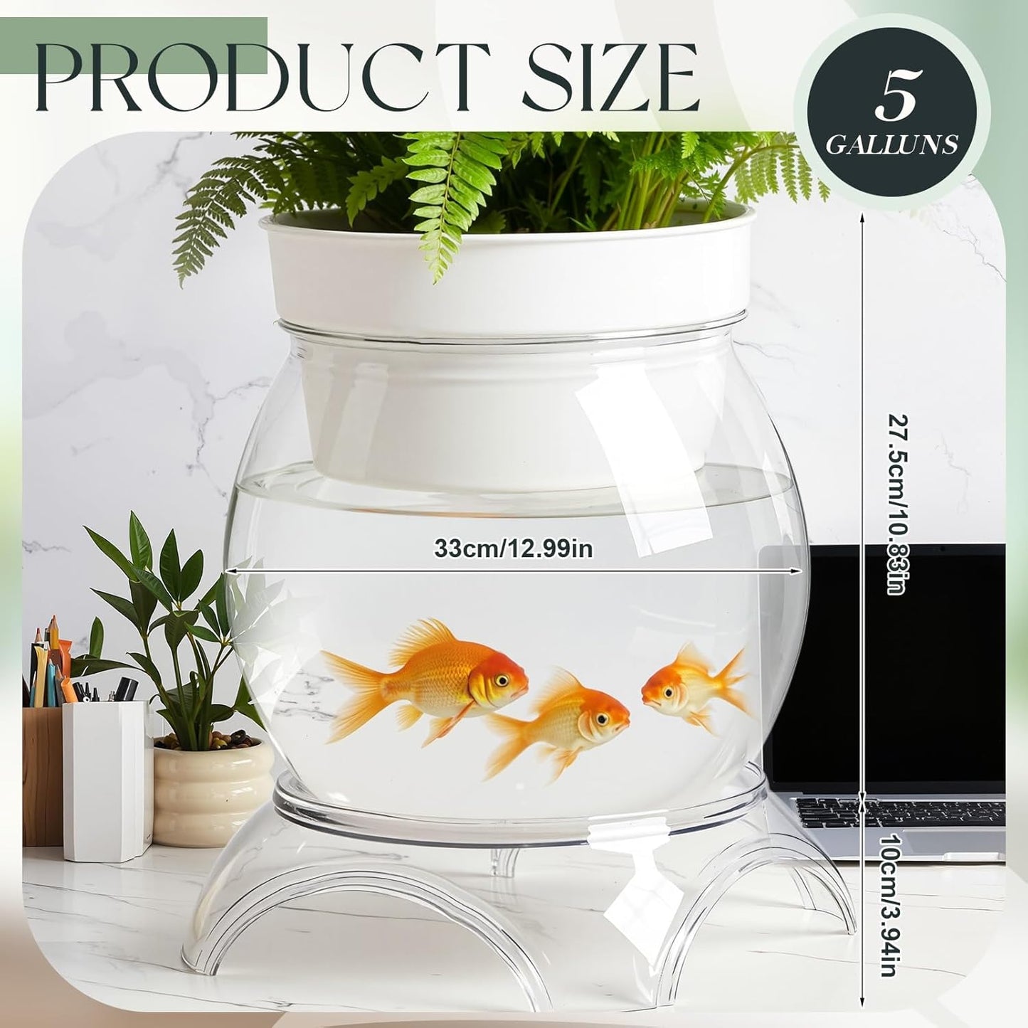 Geelin Plastic Fish Tank with Hydroponic Top and Base, Aquaponic Planter Bowl Shatterproof with Clear Clarity for Terrarium, Flower Vase Centerpiece Gift for Fish Lovers (Round)(5 Gallon)
