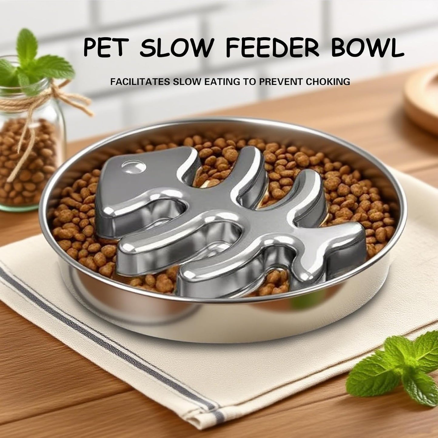 Stainless Steel Slow Feeder Dog Bowl, 304 Grade MetalPet Food Bowl, Teddy Cat Design Insert, HealthyFeeding Solution for Dogs, Cats