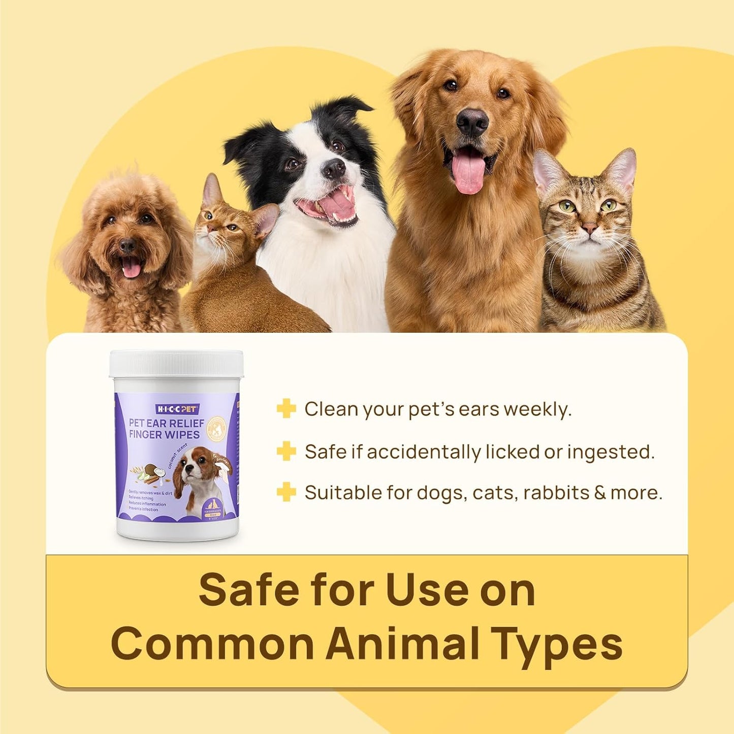 HICC PET Ear Cleaner Finger Wipes for Dogs & Cats, Vet-Recommended Dog Ear Infection Treatment to Relief Itching & Inflammation, Remove Wax, Dirt & Stop Smelly, Non-Irritating, 50ct(Coconut Scent)