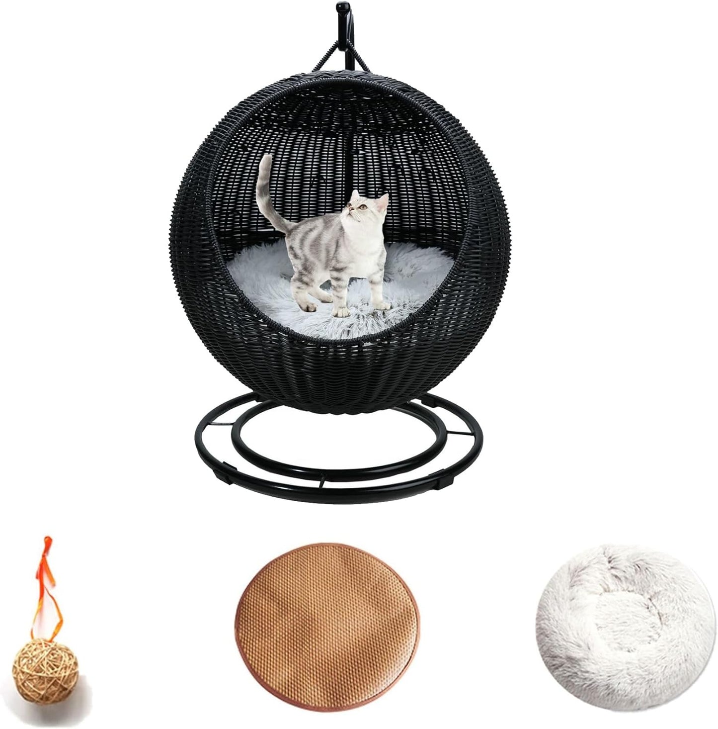 Cat Hammock Chair Bed Indoor Outdoor Hanging Bed Wicker pet Egg Chair for Dogs, and Small Animals Cat Swing with Cushion & Hanging Ball
