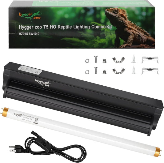 T5 UVB Reptile Light Fixture HO UVB Bulb Lighting Combo Kit, 10.0 UVB Light for Reptiles Terrarium Hood with 8W Reptile Light Bar UVA UVB Desert Lamp for Bearded Dragon Turtle Tank, 12 Inch