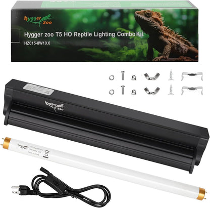 T5 UVB Reptile Light Fixture HO UVB Bulb Lighting Combo Kit, 10.0 UVB Light for Reptiles Terrarium Hood with 8W Reptile Light Bar UVA UVB Desert Lamp for Bearded Dragon Turtle Tank, 12 Inch