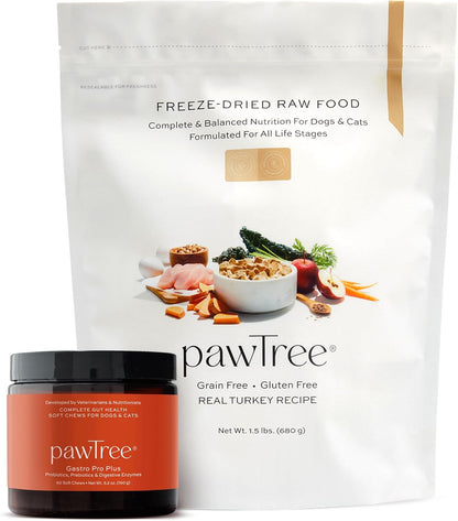 pawTree Bundle for Dogs & Cats – Freeze-Dried Raw Food (.5 lbs, Turkey) & Gastro Pro Plus (60 ct) – Complete Nutrition & Digestive Support