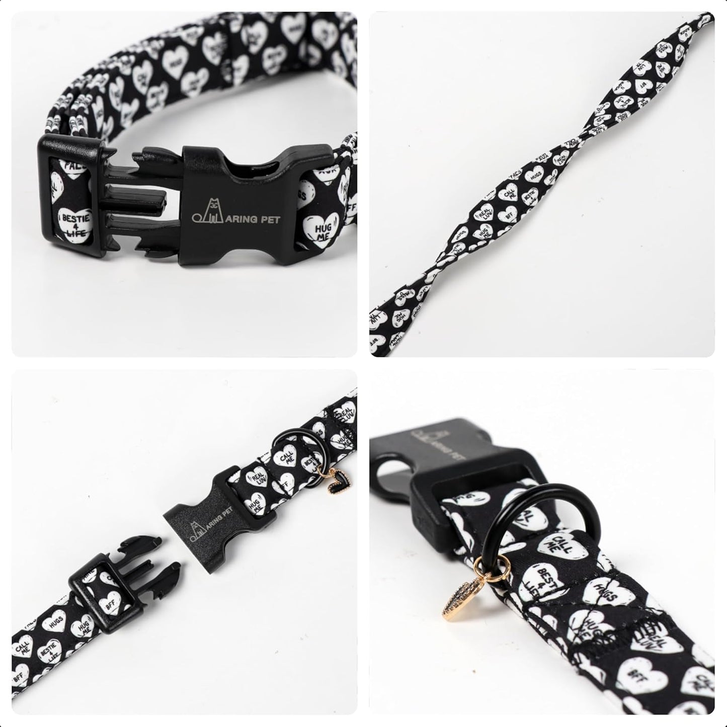 ARING PET Valentine's Day Dog Collar, Cute Black White Heart Puppy Pet Necklace for Small Medium Large Boy Girl Dogs-L