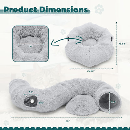 Smug Cat Tunnel Bed for Indoor Cats, Soft Plush Peekaboo Cat Cave Donut Tunnel, Washable Multifunctional Playground Toys Pet Christmas Tree Decoration for Kittens, Rabbit, Ferret (Grey)