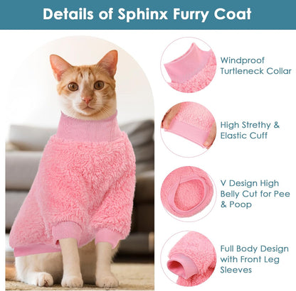 SUNFURA Sphynx Cat Sweater, Hairless Cats Turtleneck Pullover Kitten Sweaters for Cats Only, Warm and Soft Cat Pajamas Shirt with Sleeves Pet Winter Clothes Fleece Jumpsuit for Puppy, Pink S