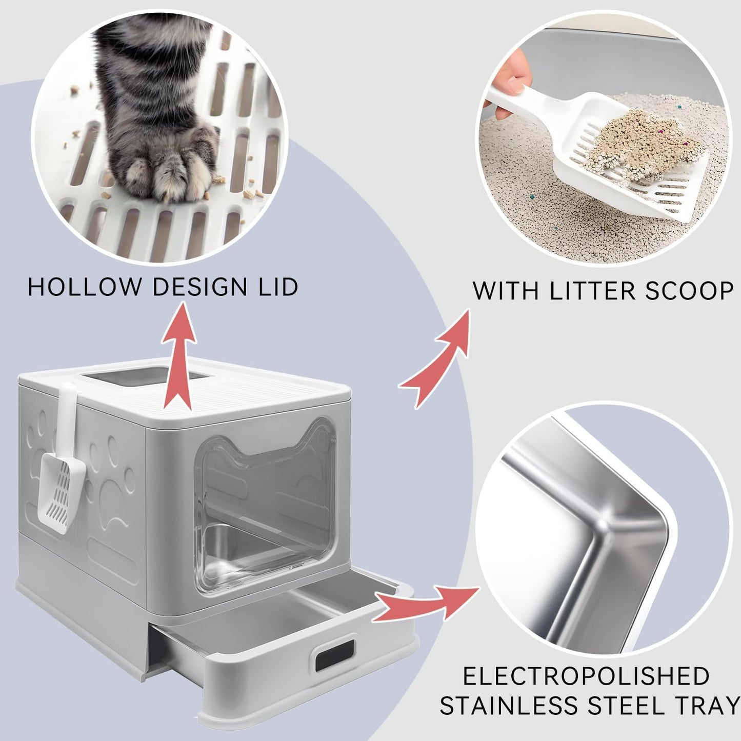 Stainless Steel Litter Box, Foldable Enclosed Cat Litter Box with Lid, Large Top Exit Design with Pull-Out Drawer & Scoop, Easy Clean Odor Control -Light Grey