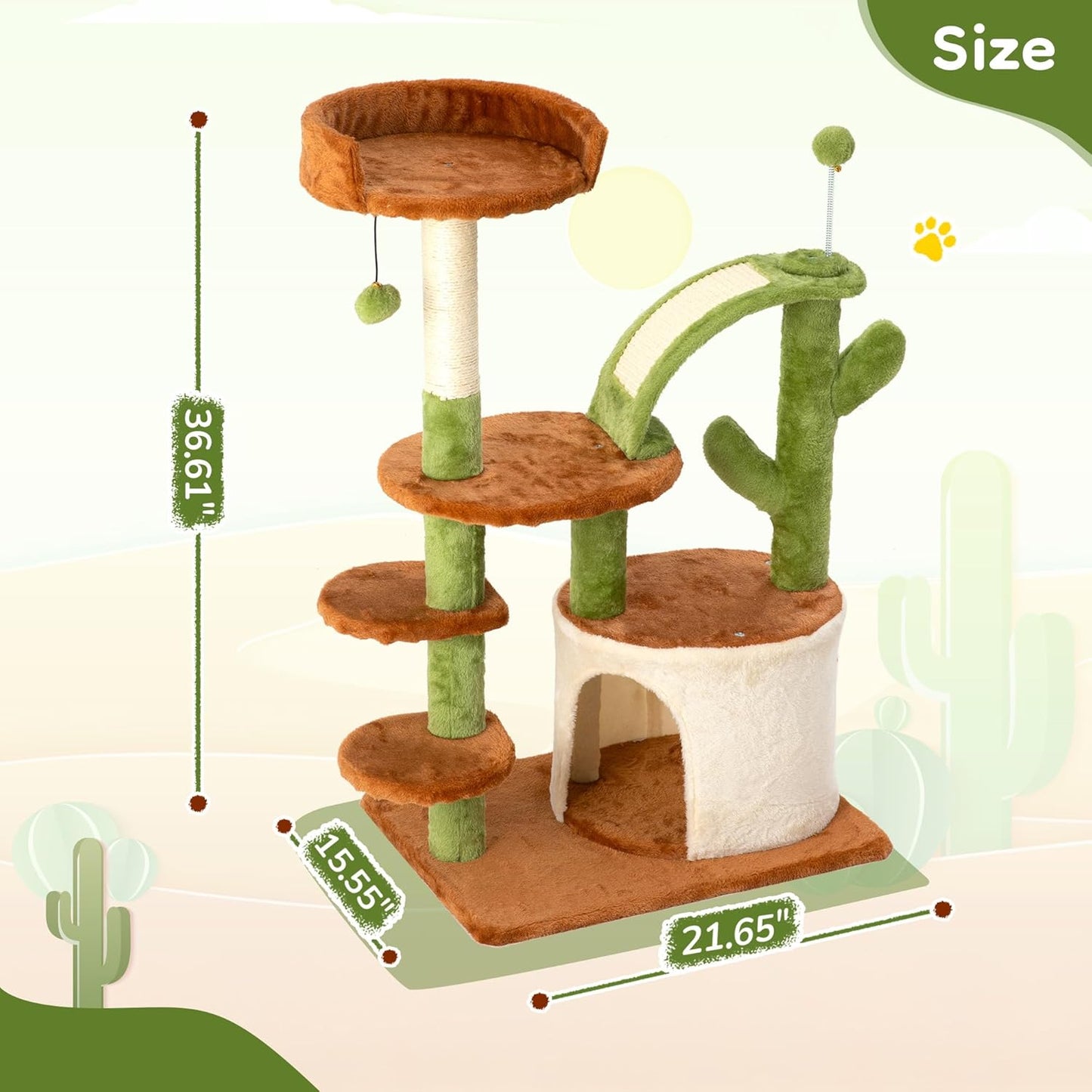 Cactus Cat Tree for Indoor Cats, Multi-Level Tower with Sisal Scratching Posts, Stable Cat Condo with Perches and Steps, 36.6", Brown