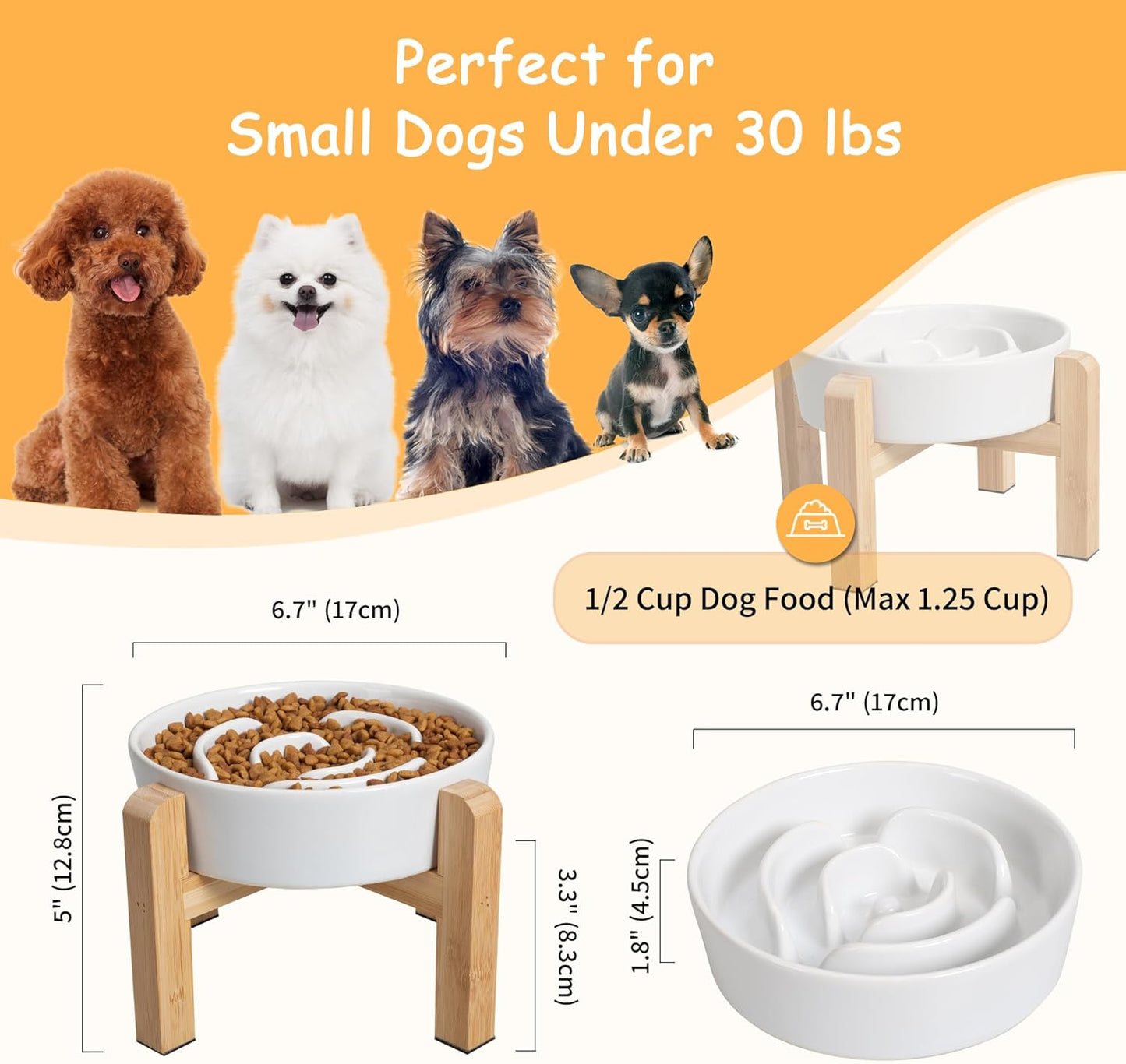 Elevated Slow Feeder Dog Bowl - Ceramic Maze Food Dish with Bamboo Stand - Raised Feeding Bowl for Fast Eaters - Ideal for Small and Medium Dogs - White - 6.7 inch