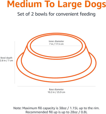 Amazon Basics Stainless Steel Non-Skid Pet Dog Water And Food Bowl, 2-Pack (10 x 2.8 Inches), Each Holds Up to 38oz