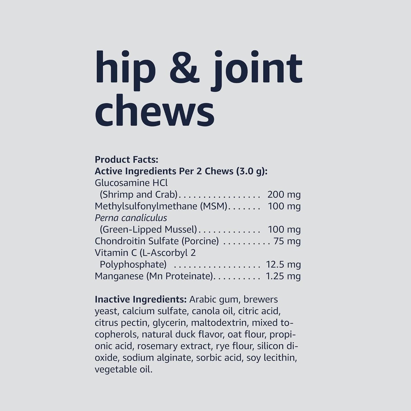 Amazon Basics Dog Hip & Joint Daily Supplement Chews with Glucosamine, MSM, and Vitamin C, Duck Flavored, 120 Count (Previously Solimo)