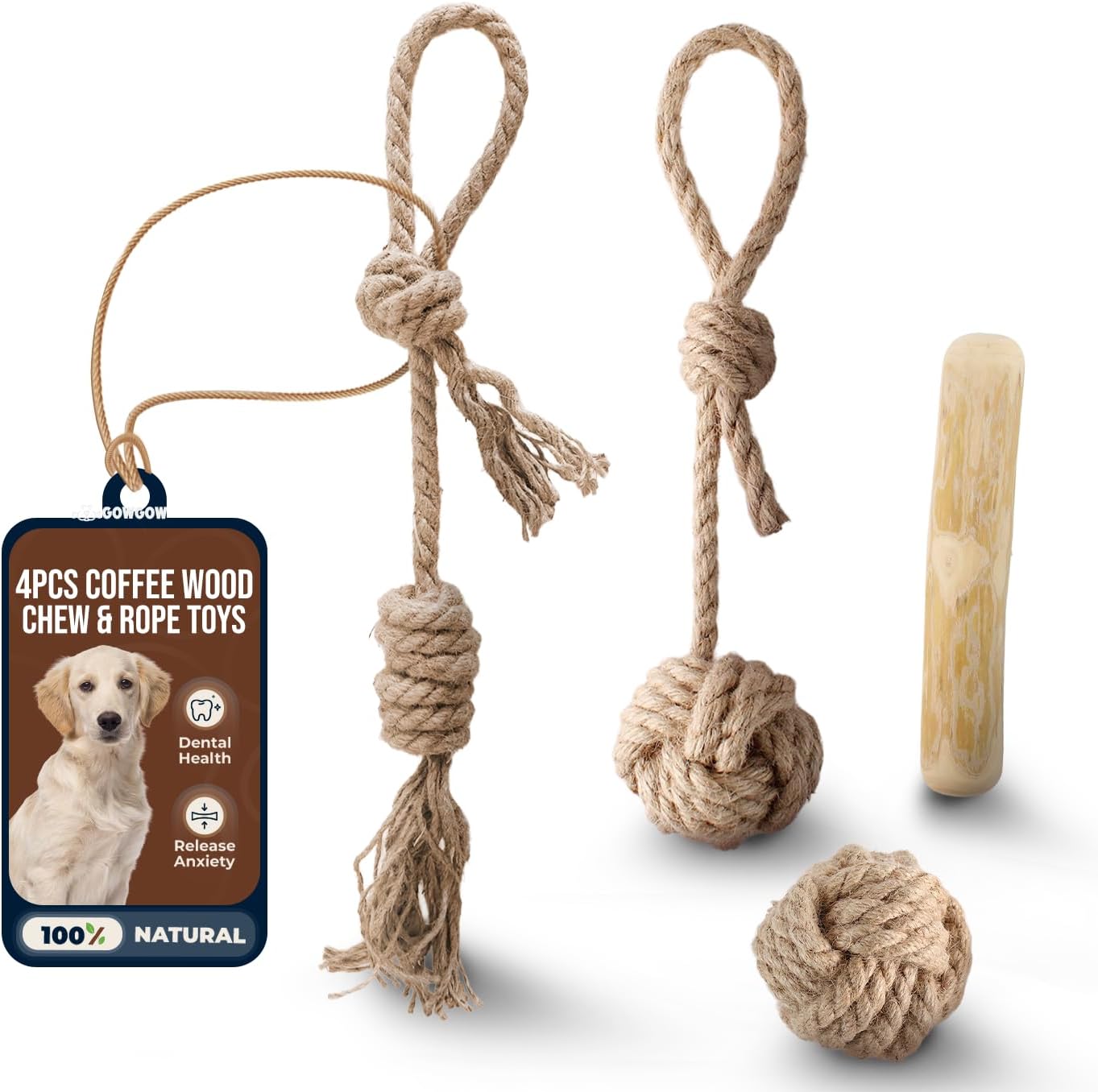 4Pcs Coffee Wood Chew Stick & Hemp Dog Ball Toy for Small & Medium Dog 25-50lbs, 100% Natural, Teething Chewing Interactive to Keep Them Busy, Wood Chew Toy for Birthday