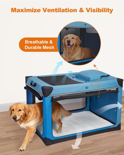 Ownpets 48 inch XXL Collapsible Dog Crate for Large Dogs, Portable Travel Dog Crate, 4-Door Foldable Pet Kennel with Durable Mesh Windows and Soft Mat, Blue