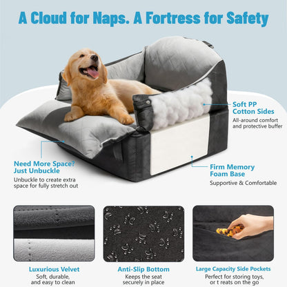 EASTBLUE Dog Car Seat for Small Medium Dogs Up to 35 lbs, 2 Memory Foam Pads Dog Booster Car Seat with Seat Belt, Washable Pet Carseat for Puppy & Cat, Dogs Travel Bed for Cars (Black/Grey-Velvet)