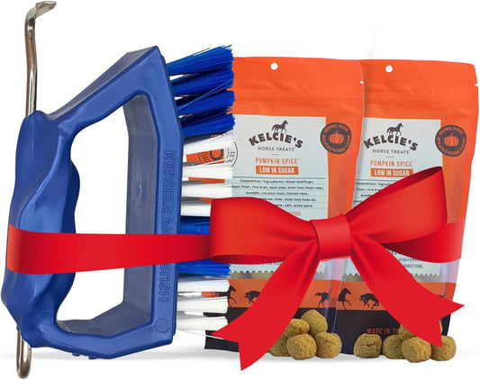 Kelcie’s Horse Care Essentials Bundle - Pumpkin Spice Horse Treats (2 lb) + Hoof Pick Brush Grooming Tool | Healthy Treats & Easy Hoof Cleaning