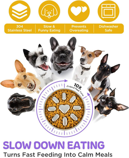 Slow Feeder Dog Bowls with Non-Slip Mat, Stainless Steel Metal Slow Feeder for Small & Medium Dogs, 2 Cups Pet Bowl for Fast Eaters, Slows Down Eating, Dishwasher Safe, Anti-Gulping Dog Bowl