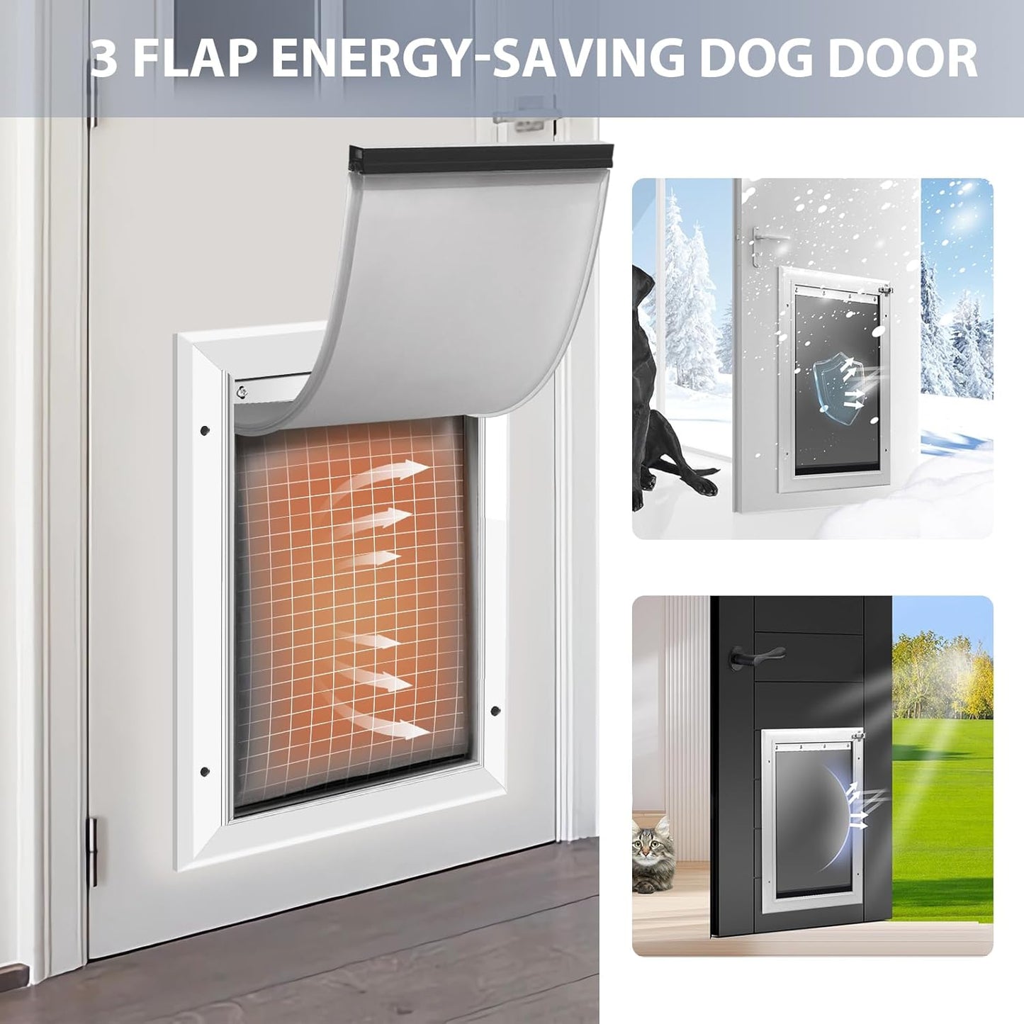 [Petoas] 3-Flaps Heavy-Duty Dog Door, Rust Proof Aluminum Alloy Frame, Extreme Weather Dog Door Can Block Wind, Snow, and Rainwater Intrusion (Silvery White, Large for Door)