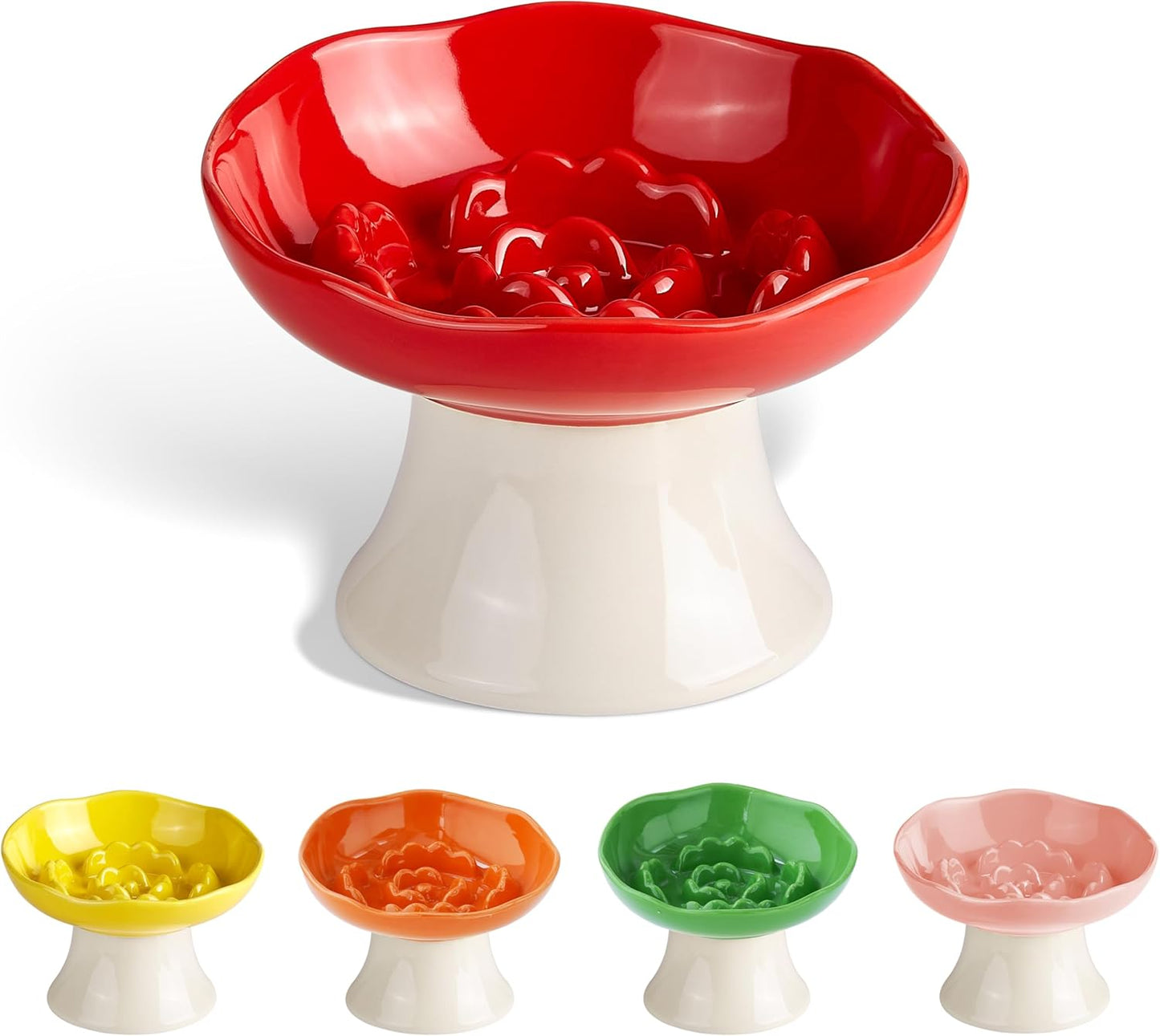 Ceramic Slow Feeder Bowl for Cats and Small Dogs, Elevated Tilted Pet Food Dish, Whisker Friendly Anti-Vomit Design, Heavy Stable Base, Dishwasher Safe， 5 Colors Options (Ruby Red)