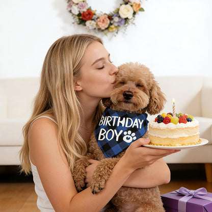Dog Birthday Bandana, Blue Boy Dog Birthday Boy Bandana Blue Plaid Boys Pet Bandanas Dogs Birthdays Party Supplies for Small Medium Large Dogs Pets (Large)