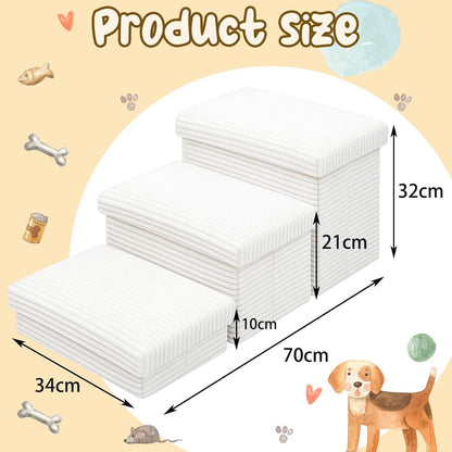 Dog Stairs for Small Dogs with Storage 18" h, 3-Tier Non-Slip Pet Stairs for Dogs Cats, Foldable White Dog Steps Ramp, Corduroy Fabric Pet Ramp for High Beds Couches