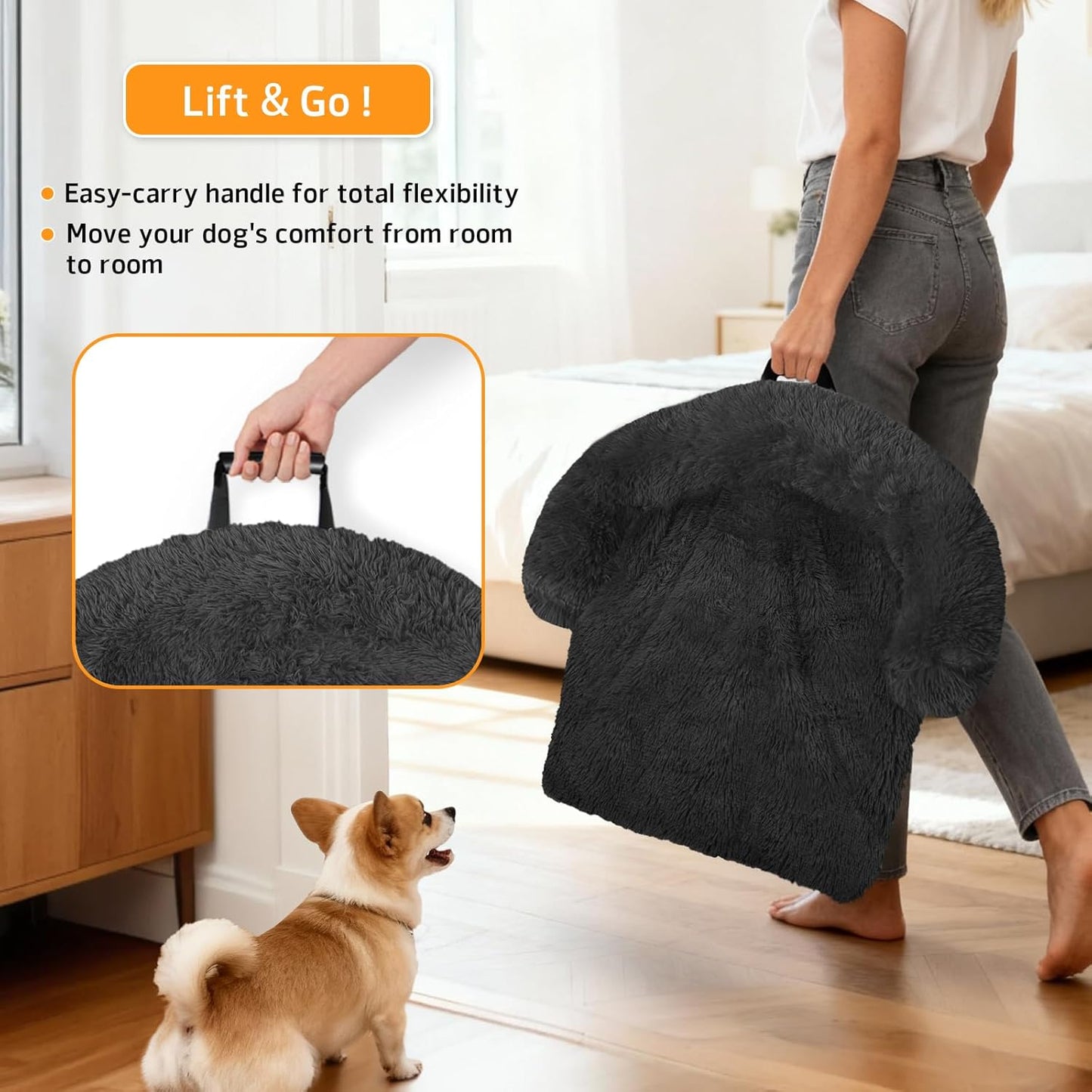 Calming Dog Bed Fluffy Plush Dog Mat for Furniture Protector with Removable Washable Cover for Large Medium Small Dogs and Cats (Large(45x37x6), Dark Grey)