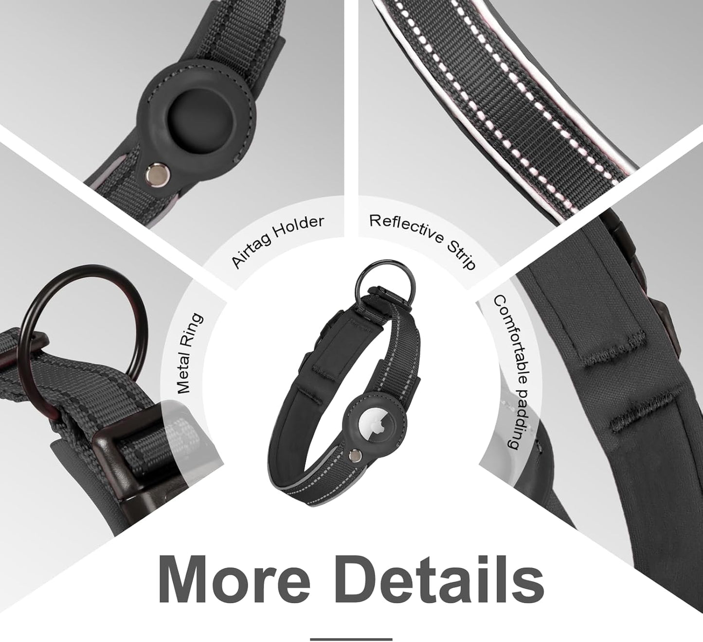 2025 Upgraded AirTag Dog Collar, Leather Dog Collar with AirTag Holder, Adjustable, Breathable, Soft Padded Apple Air Tag Dog Collars for Small Medium Large Dogs, (Black, M)