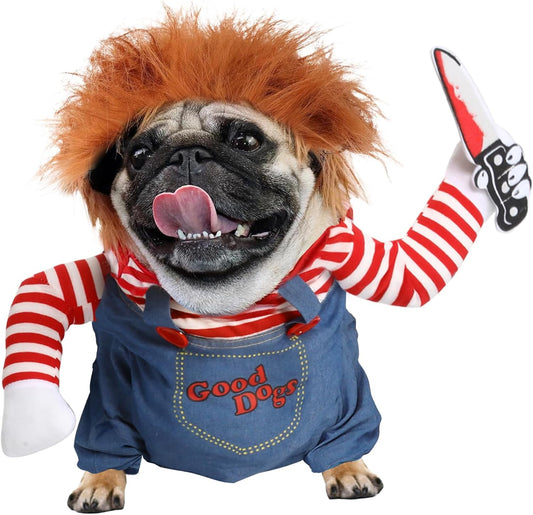 T2Y Dog Halloween Costume Pet Deadly Doll Chucky Dogs Costume with Knife & Wig, Dog Costumes for Medium Dogs Funny Party Cosplay Halloween for Corgi, Pug, Frenchie, Dachshund【L】