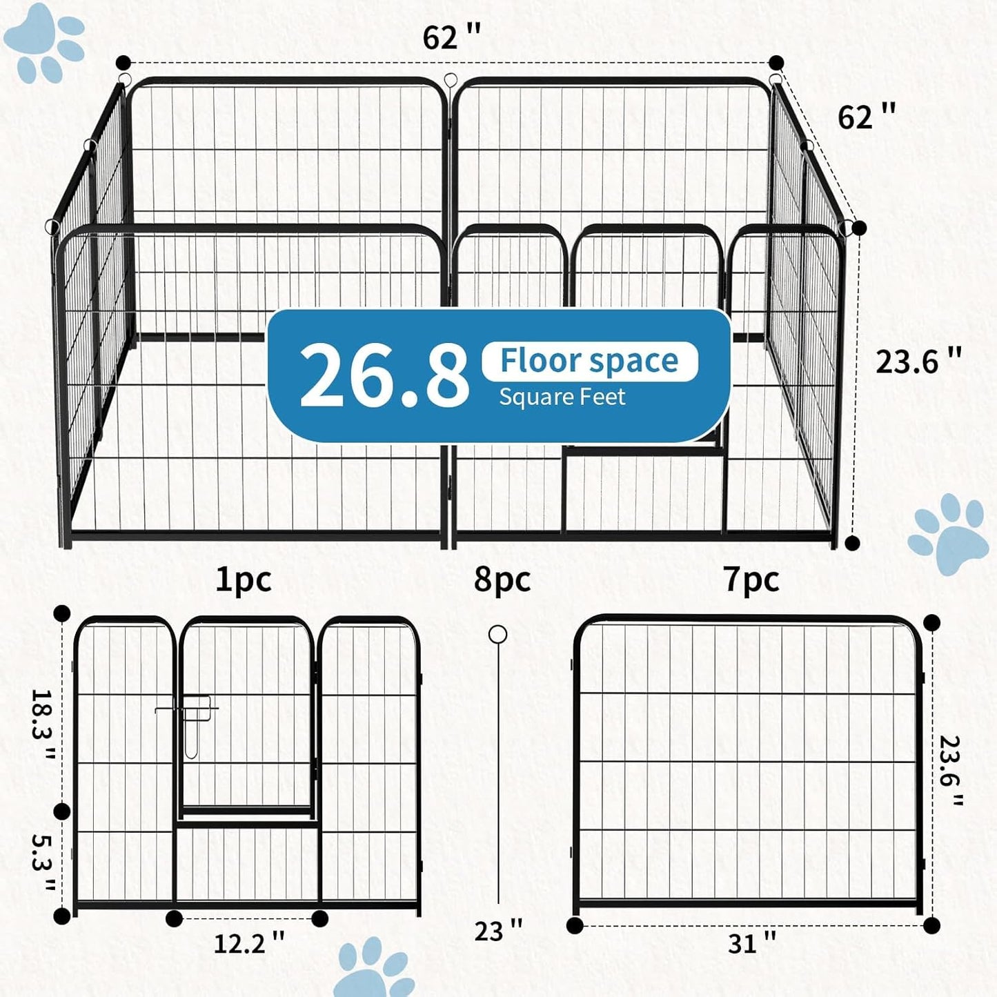 NEWBULIG Dog Playpen 8 Panels 24" Height Foldable Heavy Duty Metal Dog Exercise Playpen Puppy Fence for Indoor Outdoor Yard