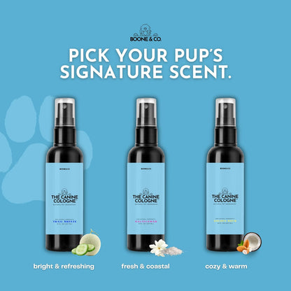 Boone & Co. Canine Cologne Spray for Dogs – 8 oz | Pet-Safe Dog Deodorizer & Grooming Spray | Clean Ingredients, Long-Lasting Scent | Made in USA | 3 Signature Scents (Trail Breeze)