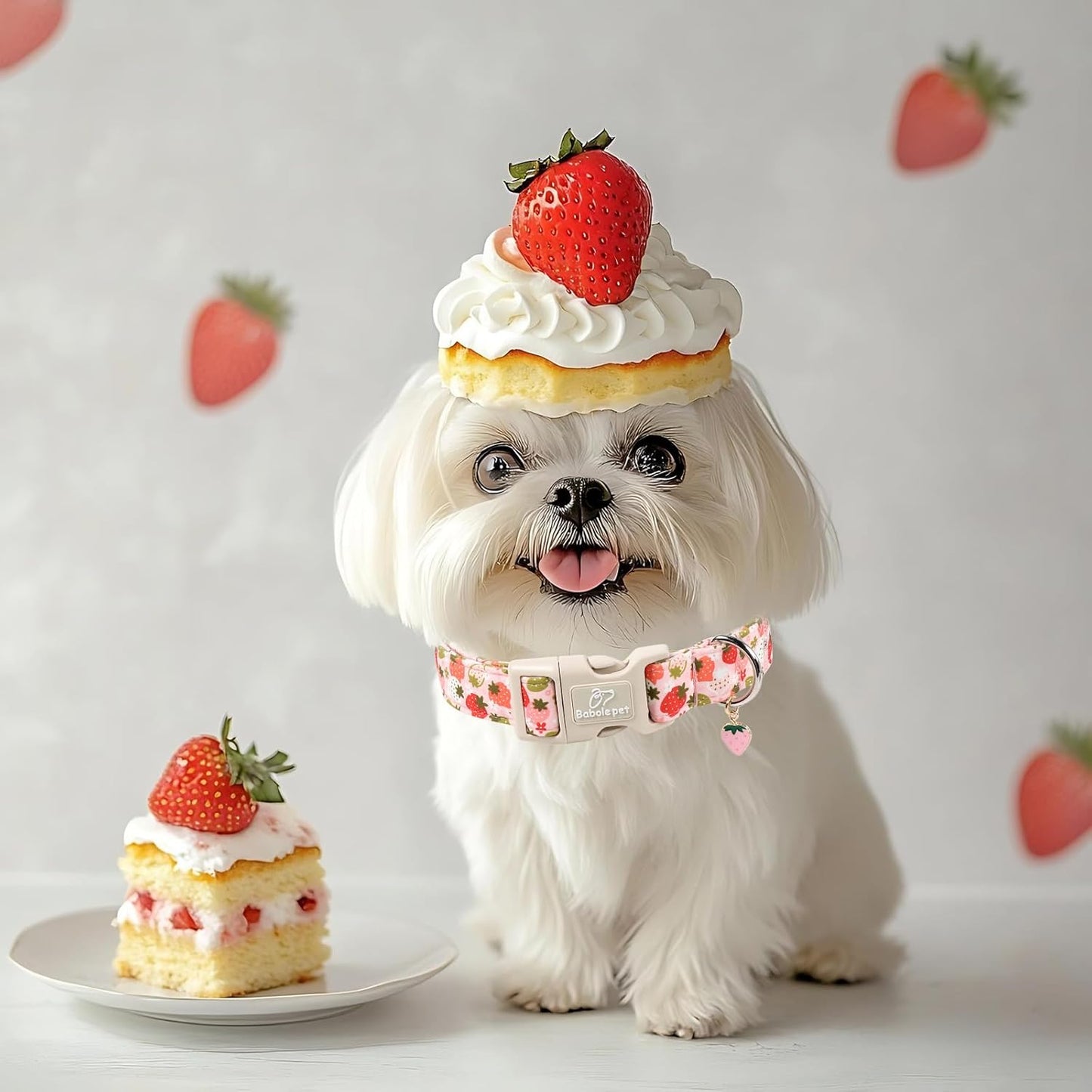 Strawberry Dog Collar for Medium Dogs - Sweet Girl Dog Collars for Spring Summer, Cute Pastel Pink & Floral Fruit Print, Adjustable Puppy Collar with Quick-Release Buckle M