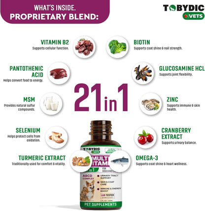 Cat & Dog Multivitamin 21 in 1 Pet Supplements with Cranberry & Glucosamine - Natural Medicine & Support for UTI, Urinary Tract, Bladder, Kidney, Skin Coat, Joints Treatment Made in USA