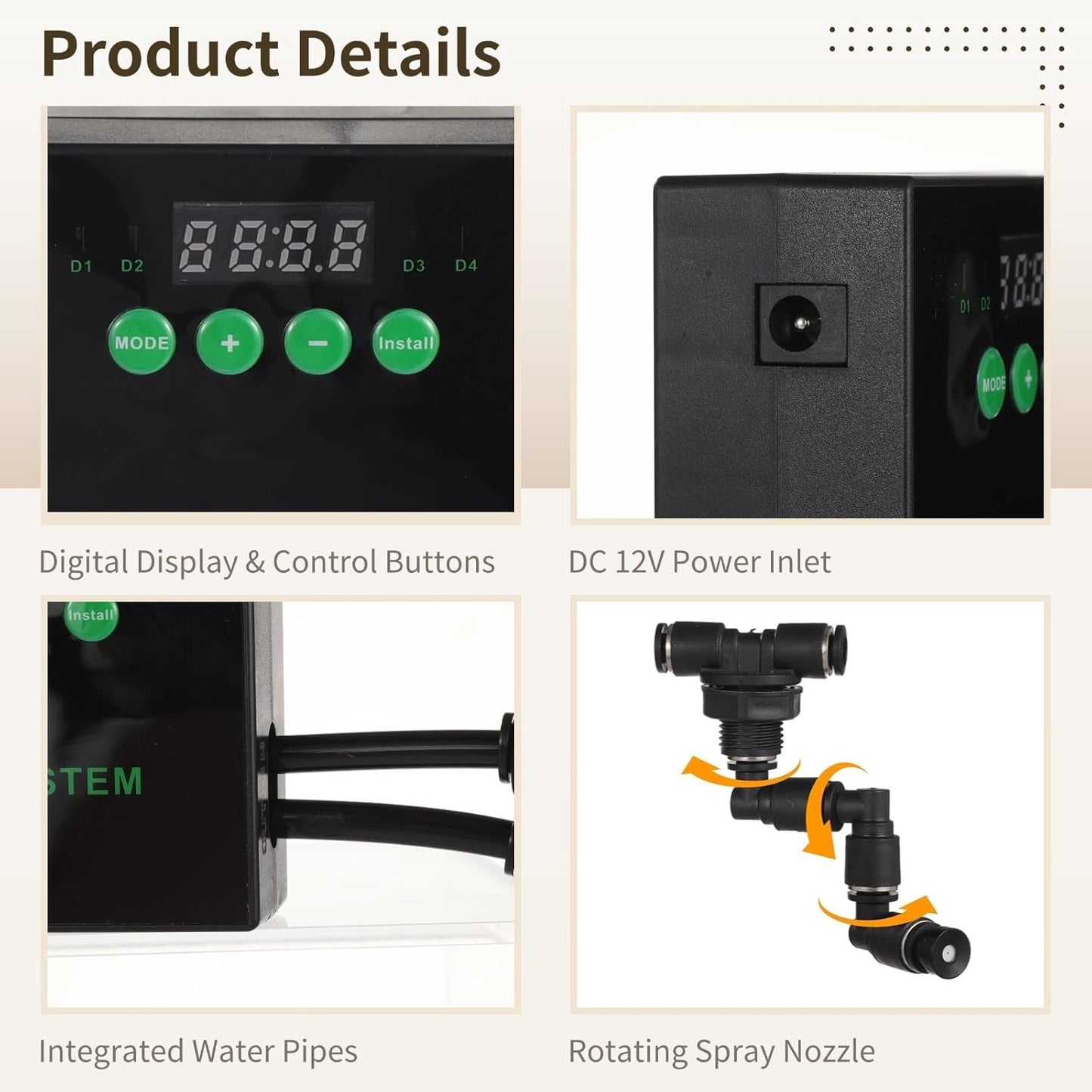 Smart Mist Sprayer with Two Free-Rotating Spray Nozzles, Reptile Humidifier Misting System with Timer, Lizard Snake Habitat Atomizer for Tropical Plants, Includes Long Pipe, Power Adapter