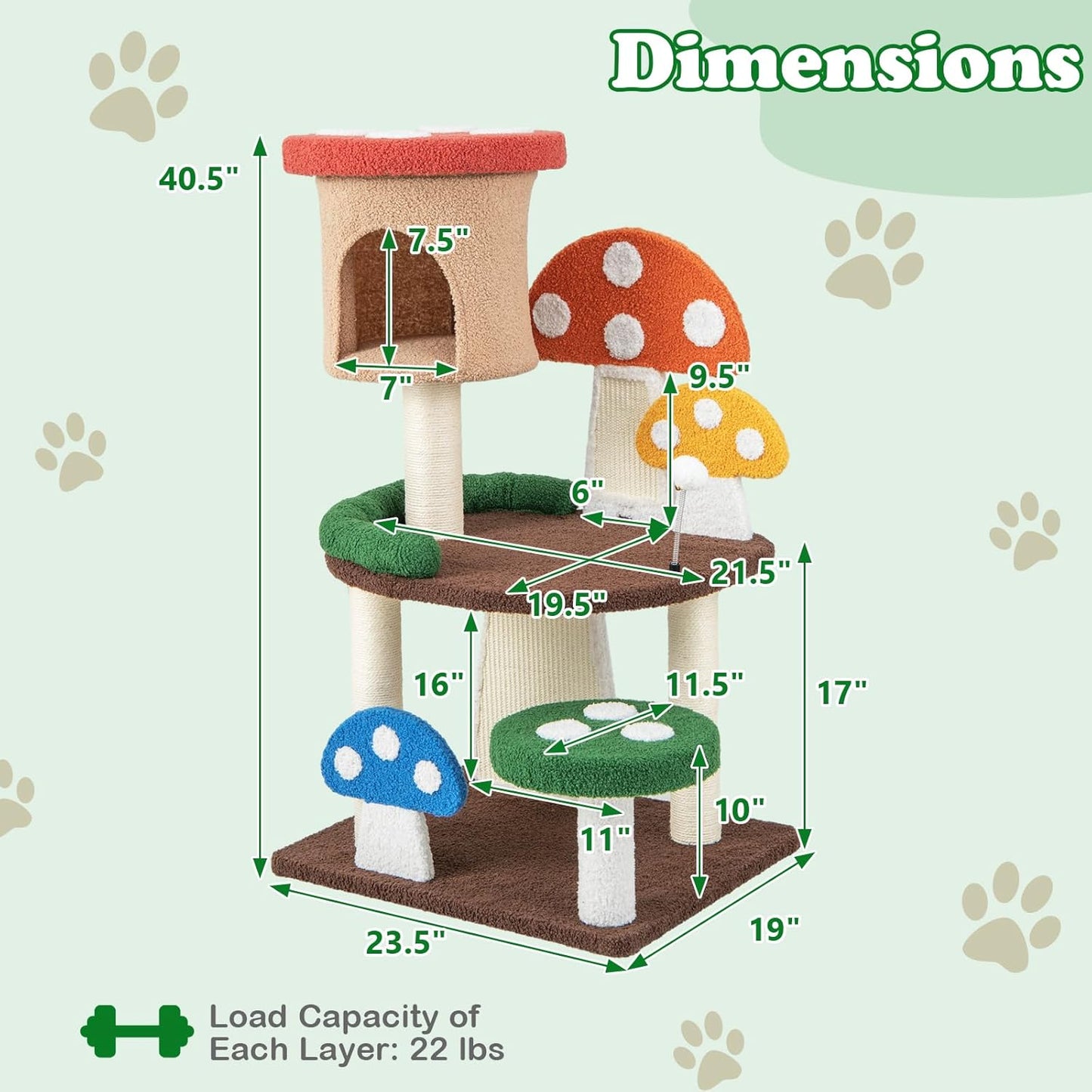 PETSITE Mushroom Cat Tree, 40.5 Inches Tall Multi-Level Cat Tower with Natural Sisal Scratching Posts & Boards, Cat Condo and Teasing Spring Ball, Cute Cat Tree Tower for Indoor Cats Large Adult
