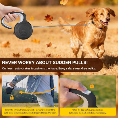 AutoBrake Retractable Dog Leash for Medium and Large Dogs, 360° Tangle-Free Dog Leash and 16Ft Strong Nylon Tape, Ergonomically Comfortable and Lightweight Grip Handle (Black)